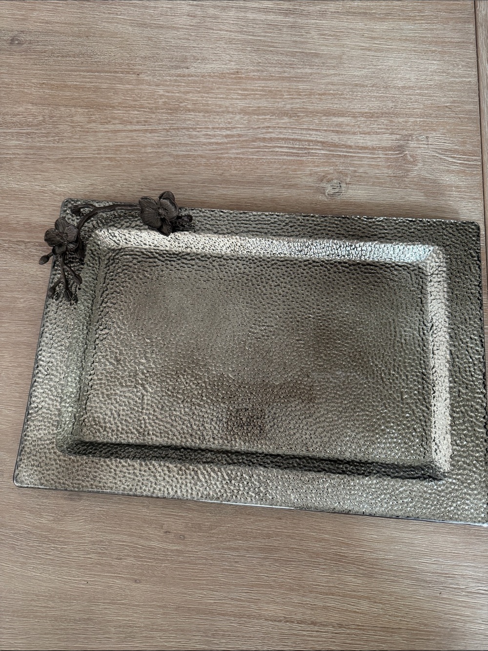 Michael Aram Hammered Rectangular Tray with Floral Detail - Silver